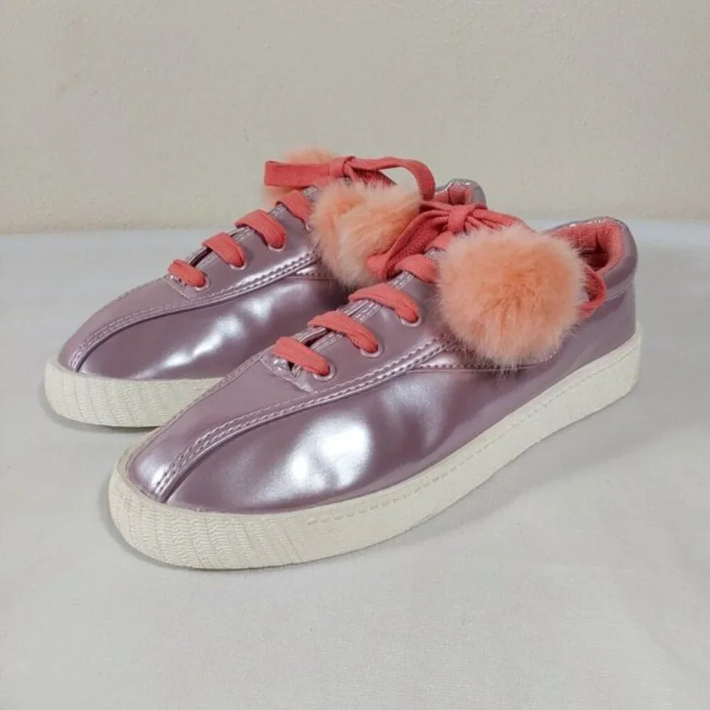Tretorn Youth Lavender Iridescent Metallic Sneakers w Orange Pom Pom Laces - 3